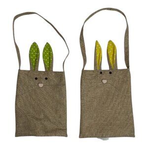 2 Burlap Bunny Easter Bags Sacks Totes Yellow Green White Polka Dot 11"Hx8.5"W